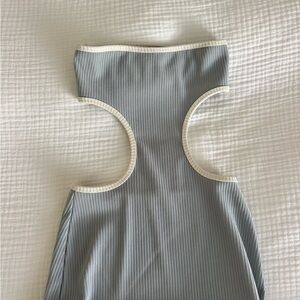 Edikted Ribbed Maxi Dress in Light Blue with Cream Trim